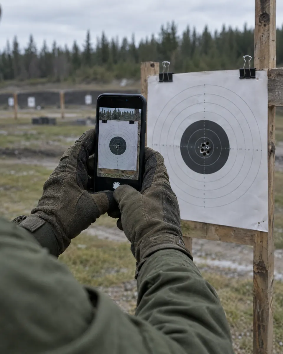 Gloved hands hold a phone up to photograph a paper target with a tight group of holes.