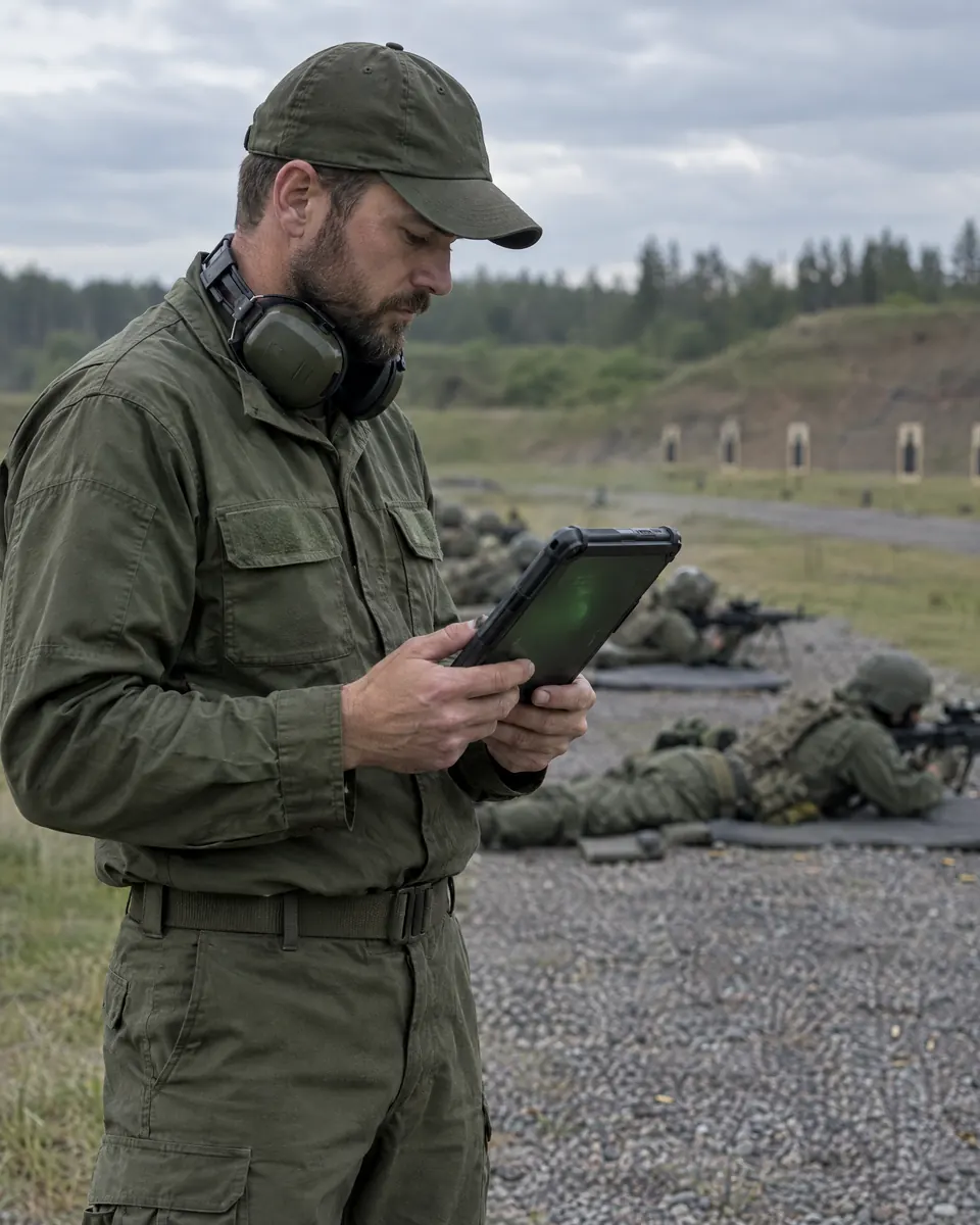 An instructor behind the firing line reads a rugged tablet while soldiers shoot in the background.