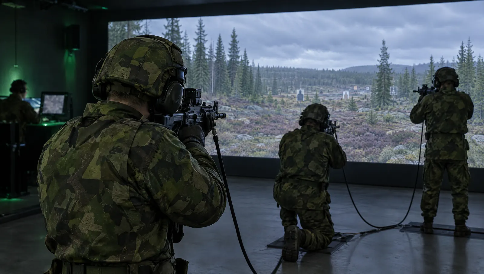 Soldiers in woodland camouflage aim tethered training rifles at a projected forest range in a dark simulator room.