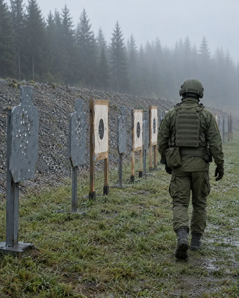 A soldier walks downrange past steel plates and paper targets in morning mist.